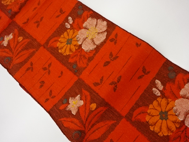 JAPANESE KIMONO / VINTAGE NAGOYA OBI / TSUMUGI / WOVEN CHECKERED & FLORAL PLANTS